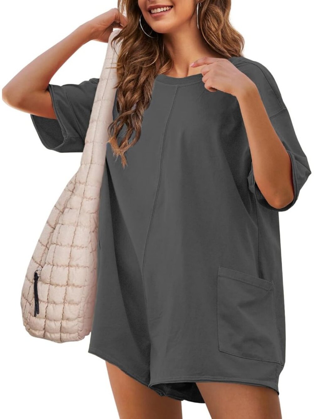 Women's Dark Grey Casual Oversized Athletic Overall Workout Hot Shot Tee Romper